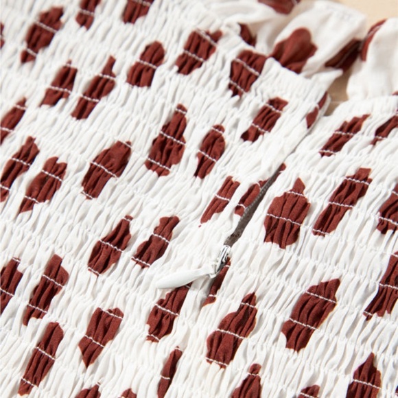 Brown Abstract Printed Flutter Sleeve Smocked Bodice Mini Dress - Picture 6 of 9